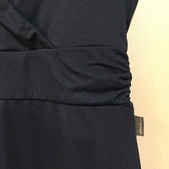 Eddie Bauer Womens L Tall Navy Blue V Neck Faux Wrap Ruched Waist Midi Dress - Picture 3 of 9